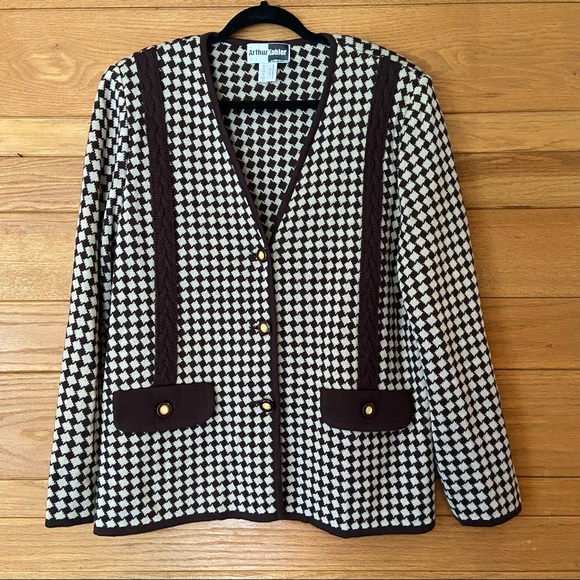 Vintage Sweaters - Vintage brown and cream diamond pattern cable knit button front cardigan